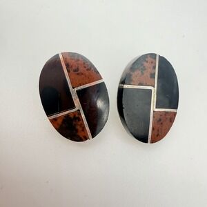 Vtg Taxco TS-101 Inlay Onyx Modernist Earrings 950 Silver 14 Grams Clip On
